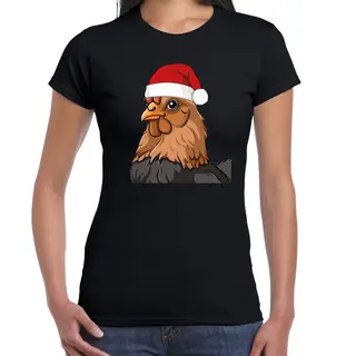 Bellatio Decorations Kerst T-shirt Voor Dames - Kip Met Kerstmuts - Zwart - Kerstfeest S