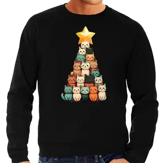 Bellatio Decorations Kerst Trui / Sweater Voor Heren - Kerstboom Van Katjes - Zwart - Kerstkatjes - Kerstmis Xxl