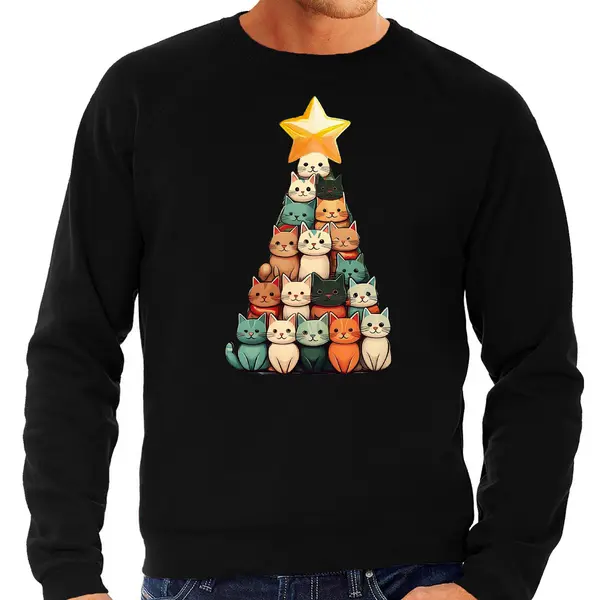 Bellatio Decorations Kerst Trui / Sweater Voor Heren - Kerstboom Van Katjes - Zwart - Kerstkatjes - Kerstmis Xxl thumbnail