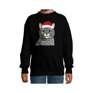 Bellatio Decorations Kersttrui / Sweater Kat/poes - Kinderen - Grijze Kat/poes - Zwart - Kerstmuts - Kerstmis 152/164