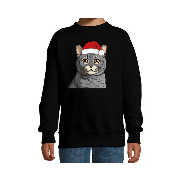 Bellatio Decorations Kersttrui / Sweater Kat/poes - Kinderen - Grijze Kat/poes - Zwart - Kerstmuts - Kerstmis 152/164 thumbnail