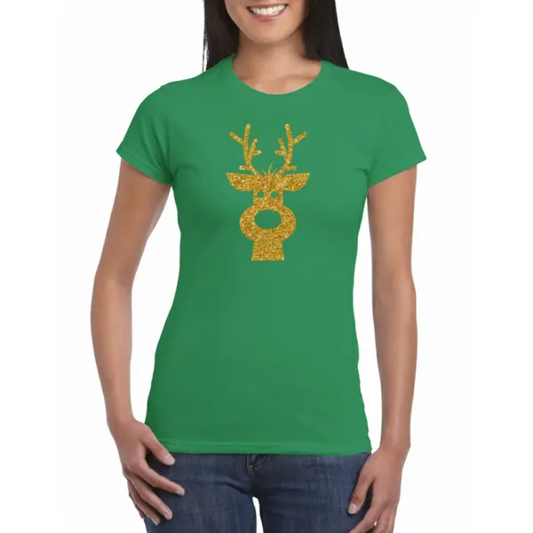 Bellatio Decorations Kerst T-shirt Voor Dames - Rendier - Groen - Glitter Bedrukking - Goud - Kerst Shirt/outfit Xs thumbnail