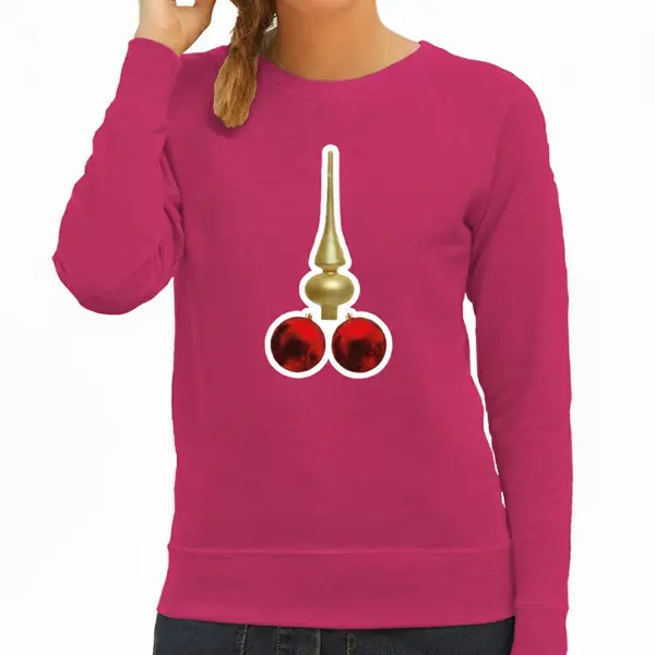 Bellatio Decorations Foute Kersttrui / Sweater Voor Dames - Kerstballen - Piek - Ondeugende Kerst - Roze L thumbnail