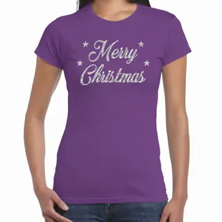 Bellatio Decorations Kerst T-shirt Voor Dames - Paars - Merry Christmas - Zilveren Glitters - Kerstkleding L