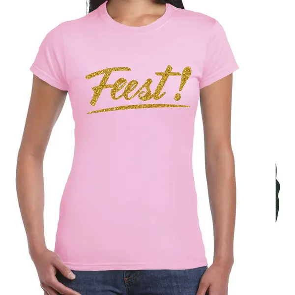 Bellatio Decorations Feestkleding T-shirt Voor Dames - Lichtroze - Glitter Goud - Glitter En Glamour M thumbnail