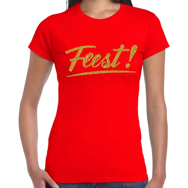 Bellatio Decorations Feestkleding T-shirt Voor Dames - Rood - Glitter Goud - Glitter En Glamour Xs thumbnail