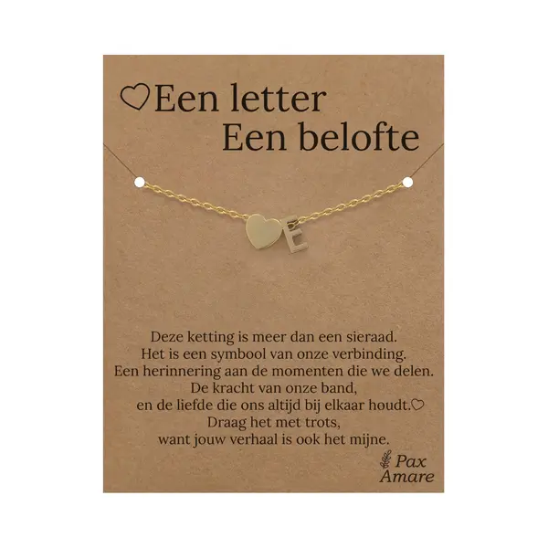 Pax Amare Letter E Armband Op Cadeau Kaartje - Een Letter, Een Belofte - 15, 5cm + 5, 5cm Verstelbaar Goudkleurig Stainless Steel - Initiaal & Hartje Hanger - thumbnail