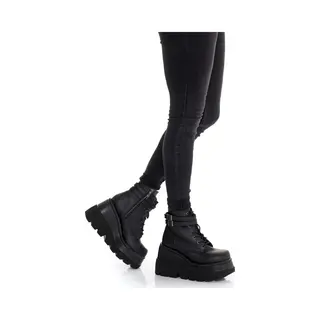 DemoniaCult Shaker-52 Wedge Platform Ankle Boot With Buckles Matt Black - (Eu 41, 5 = Us 11) - Demonia