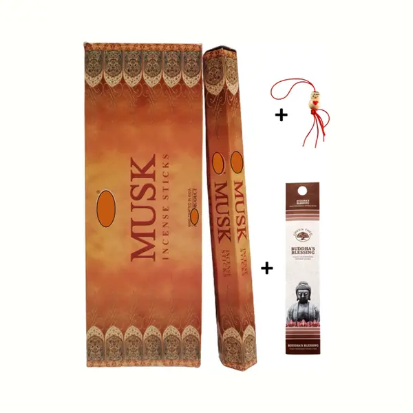 Doos Met 120 Stokjes - Wierook - Wierookstokjes - Incense Sticks - Musk + 5 Mini Wierookstokjes + Gelukspoppetje thumbnail