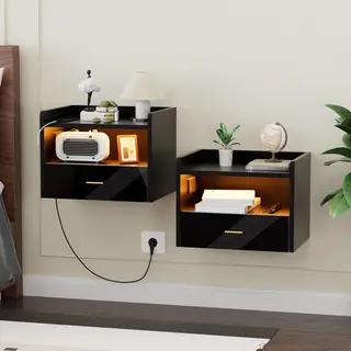 Noen Nachtkastjeset (2 Stuks) - Wandnachtkastje - Met Lade En Oplaadstation - Met Led-verlichting - 1 Stopcontact/2 Usb-poorten, Houten Nachtkastje -