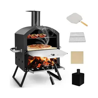 Costway Outdoor Pizzaoven, 2-laags Pizzaoven Met Grillrooster, Pizzasteen, Pizzaschep, Waterdichte Afdekking, Hittebestendige Handgrepen En Inklapbare