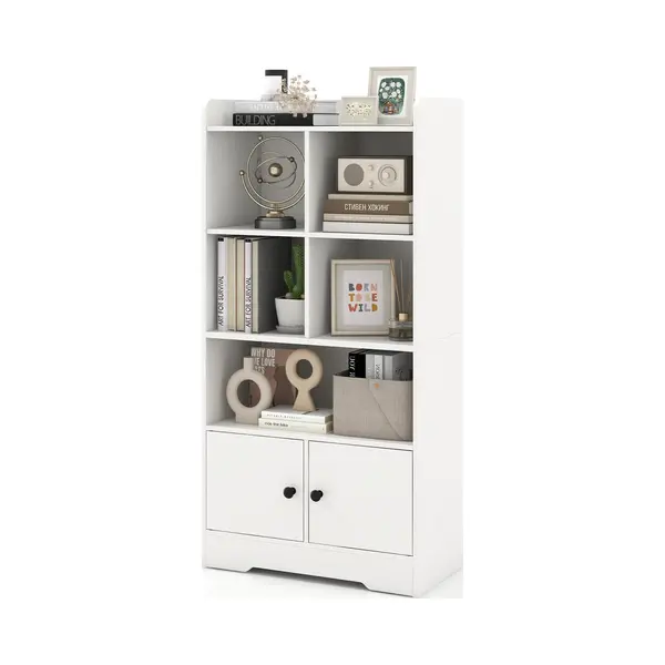 Costway Boekenkast Met 2 Deuren En 5 Vakken, Witte Boekenkast Van Hout, Staand Rek, Vrijstaand, Kantoorrek, Opbergrek Voor Woonkamer, Slaapkamer, 60 X thumbnail