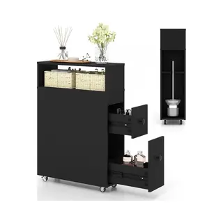 Costway Niswagen Met Wieltjes, Laden, Rieten Manden En Borstelhouders, Badkamerkast Smal, Toiletkast Vrijstaand, Niskast Voor Badkamer, Keuken, 50 X