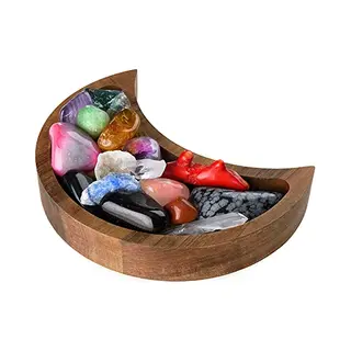 Curawood Crescent Moon Tray - Showcase Your Gems & Healing Stones - 15.2 X 7.6 Cm Wooden Crystal Display Tray, Crystal Holder For Stones Display