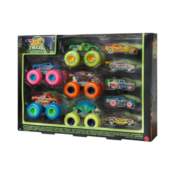 Hot Wheels Monster Trucks Glow In The Dark Multipack, 10 Toy 1:64 Vehicles: 5 Trucks & 5 Cars thumbnail