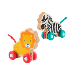 Fisher-Price Wooden Push Along Animals, Lion & Zebra Toy Vehicles for Baby Crawling Play