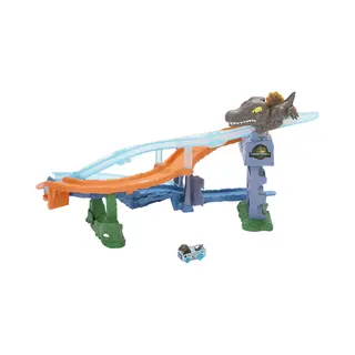 Hot Wheels RacerVerse Jurassic World Crashen en Plonzen, baanset en metalen dinosaurusvoertuig