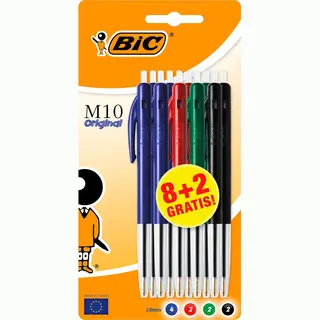 Bic M10 Original Balpennen Met Kliksysteem Medium Punt (1.0 Mm) - Blauw Zwart Groen Rood - Pak Van 8+2 Stuks