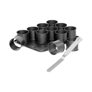 Zenker 9926850 Bakplaat Met 12 Mini Ronde Vormpjes En Glazuurspatel, 12 Mini Flanvormpjes Met Spatel, 12 Kleine Hoge Cakevormpjes, Bakplaat, Staal,