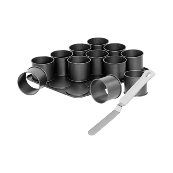 Zenker 9926850 Bakplaat Met 12 Mini Ronde Vormpjes En Glazuurspatel, 12 Mini Flanvormpjes Met Spatel, 12 Kleine Hoge Cakevormpjes, Bakplaat, Staal, thumbnail