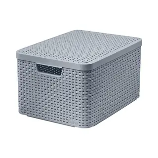 Curver Rattan Style Aufbewahrungsbox Mit Deckel, Aufbewahrungskorb, Kunststoff, Aus Recyclingmaterial In Mindestens 70% (Hellgrau, L, 44, 5 X 33 X