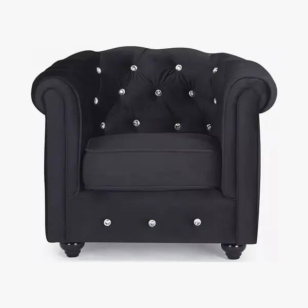 Vente-unique Fauteuil Chesterfield - Velours - Zwart Met Kristallen Knopen thumbnail
