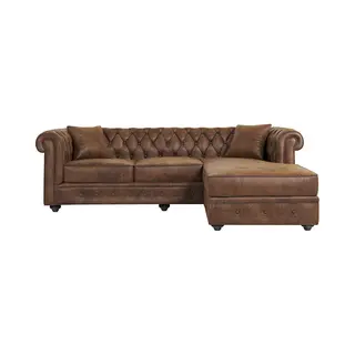 Vente-unique-Chesterfield Ecksofa - Microfaser Vintage Look - Braun - Toledo