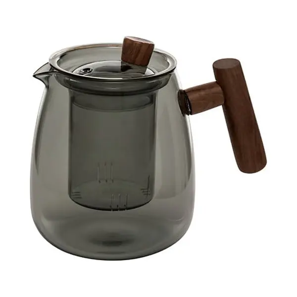 5Five Design Theepot - 800 Ml - Borosilicaat Glas - Grijs Transparant - Infuser/handvat Hout - Theekan thumbnail