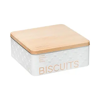 5five Excellent Houseware Koektrommel Biscuits - Wit - 20 X 20 X 8 Cm - 1600 Ml - Bewaarblik Met Deksel Met Bamboe Uitstraling - Metaal