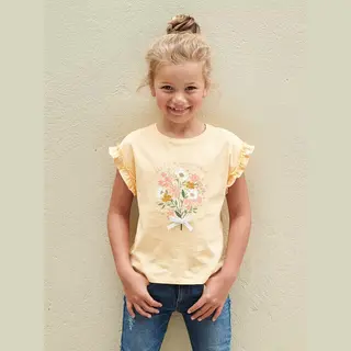 Vertbaudet Meisjes-T-shirt Met Iriserend Motief En Korte Mouwen Met Ruches Lichtgeel