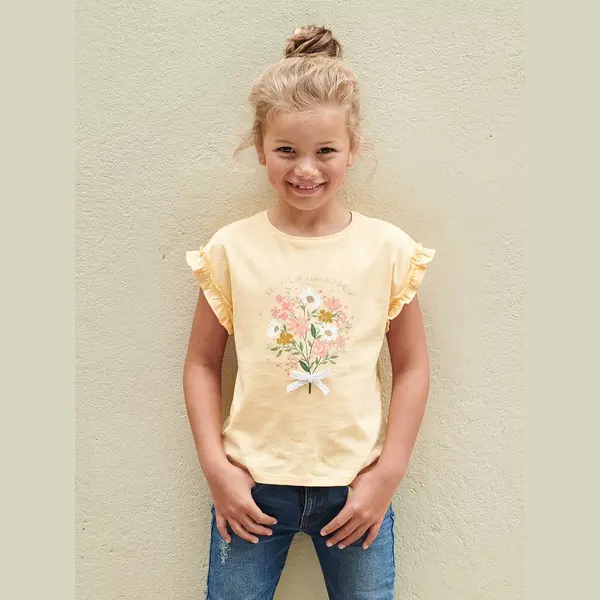 Vertbaudet Meisjes-T-shirt Met Iriserend Motief En Korte Mouwen Met Ruches Lichtgeel thumbnail