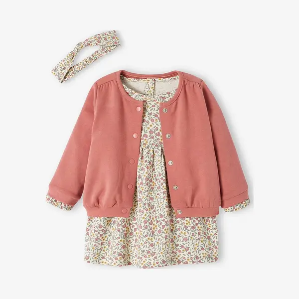 Vertbaudet Mädchen Baby-Set, Kleid, Strickjacke & Haarband Altrosa 71 thumbnail