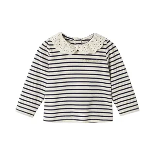 Vertbaudet Baby T-shirt Met Geborduurde Kraag En Lange Mouwen Marineblauw, Gestreept