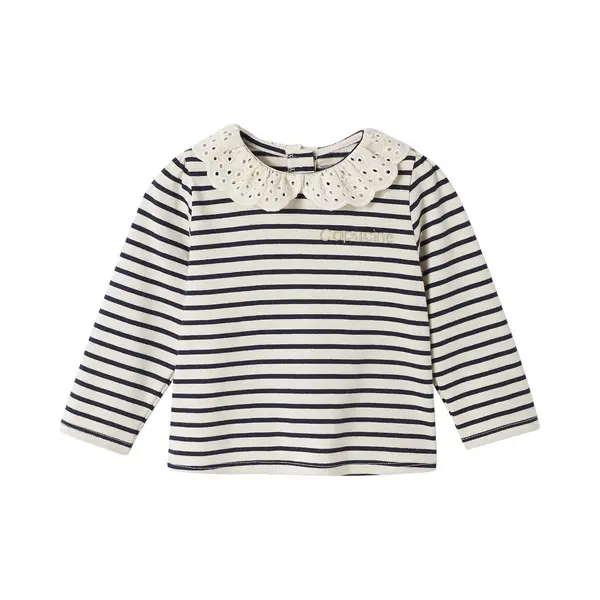 Vertbaudet Baby T-shirt Met Geborduurde Kraag En Lange Mouwen Marineblauw, Gestreept thumbnail