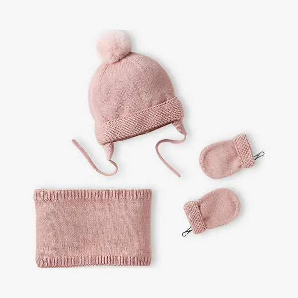 Vertbaudet Set Van Babymeisjes Muts + Snood + Wanten Roze (poederkleur) thumbnail