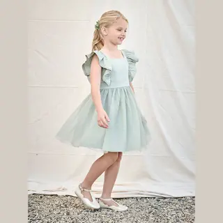Vertbaudet Festliches Mädchen Volantkleid, Musselin & Tüll Salbeigrün 128