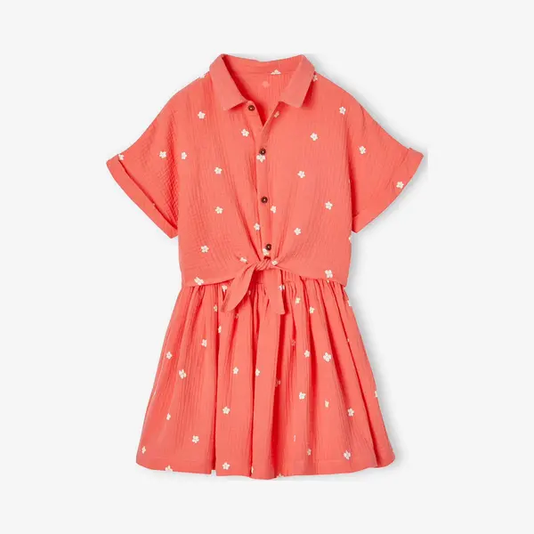 Vertbaudet Meisjesset Met Geknoopte Blouse En Rokje Koraal thumbnail