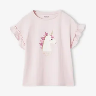 Vertbaudet Meisjes-T-shirt Met Iriserend Motief En Korte Mouwen Met Ruches Lichtroze