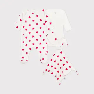 Petit Bateau Geboortegeschenkset Van Katoen Met Hartprint Unisex Kledingset - Wit/Rood + Wit/Rood + Wit