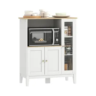 Homcom Magnetronkast, Keukenkast, Dressoir Met 1 Nis Met 3 Deuren, Kabeldoorvoer Voor Keuken, Eetkamer, Woonkamer, 80 X 35 X 97 Cm, Gehard Glas, Wit