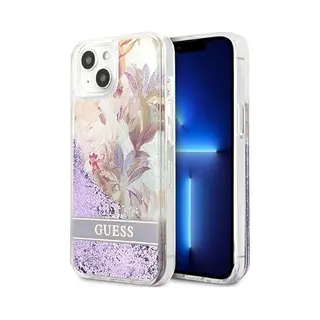 Guess GUHCP13SLFLSU IPhone 13 Mini 5.4-inch Thin / Purple Hard Case With Flower Liquid Glitter (Apple IPhone 13 Mini), Smartphone Hülle, Violett