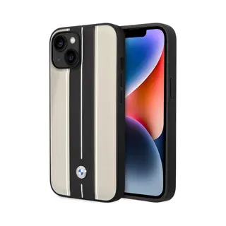 Bmw IPhone 14 Plus & 15 Plus Backcover Hoesje - Beige Leather Signature - Hot Stamp Lines - Beige
