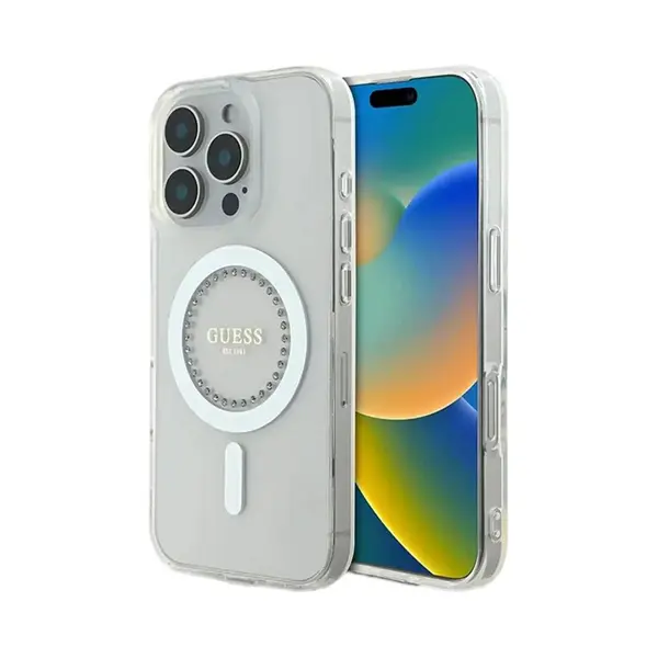 Guess GUHMP16LPFTDTEH IPhone 16 Pro 6, 3" Biały/wit Hardcase Iml Rijnsteentjes MagSafe (Apple IPhone 16 Pro), Smartphonehoes, Wit thumbnail