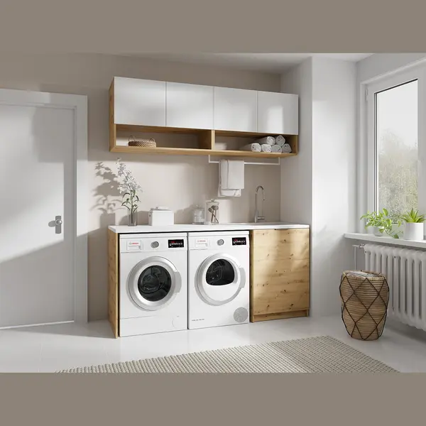 Vente-unique Waschküchenmöbel Für Waschmaschine Mit Arbeitsplatte - 182 Cm - Weiß & Holzfarben Hell - Nataji thumbnail