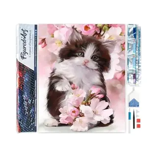 Figured'Art Diamond Painting Set Volwassenen 40x50 Cm Kat En Bloemen - 5D Diy Art Full Drill Vierkante Diamant - Opgerold Canvas