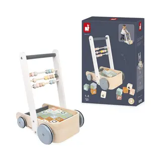 Janod - Sweet Cocoon Abc Buggy - Wooden Walking And Activity Cart - With 20 Alphabet Cubes, Numbers And Shapes Blocks + 3 Abacus Rows - Water Based