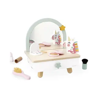 Janod - Friseurstuhl Aus Holz Für Kinder Auf Einem Tisch - Schublade, Spiegel Und 7 Accessoires - Thema Einhorn - Höhe 33cm - Make-up-Attrappe - Ab