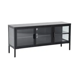 Sweeek Industrial Metal And Tempered Glass Tv Stand With 3 Doors 120cm Black 120x35x55 Cm - Arkansas