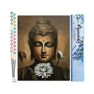 Figured'Art Schilderen Op Nummer Volwassenen Canvas Gezicht Van Boeddha En Lotusbloem - Handwerk Acrylverf Kit Diy Compleet - 40x50cm Zonder Frame