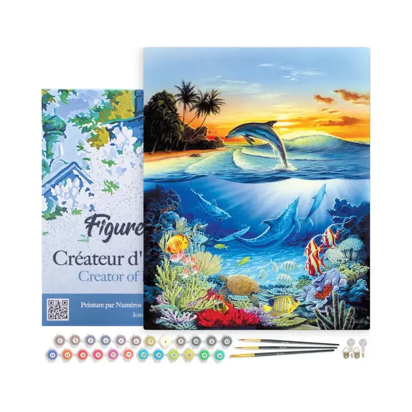 Figured'Art Malen Nach Zahlen Erwachsene Mit Rahmen Bucht Der Delfine - Paint By Numbers Basteln Diy Bastelset 40x50cm Leinwand Gespannt Auf thumbnail